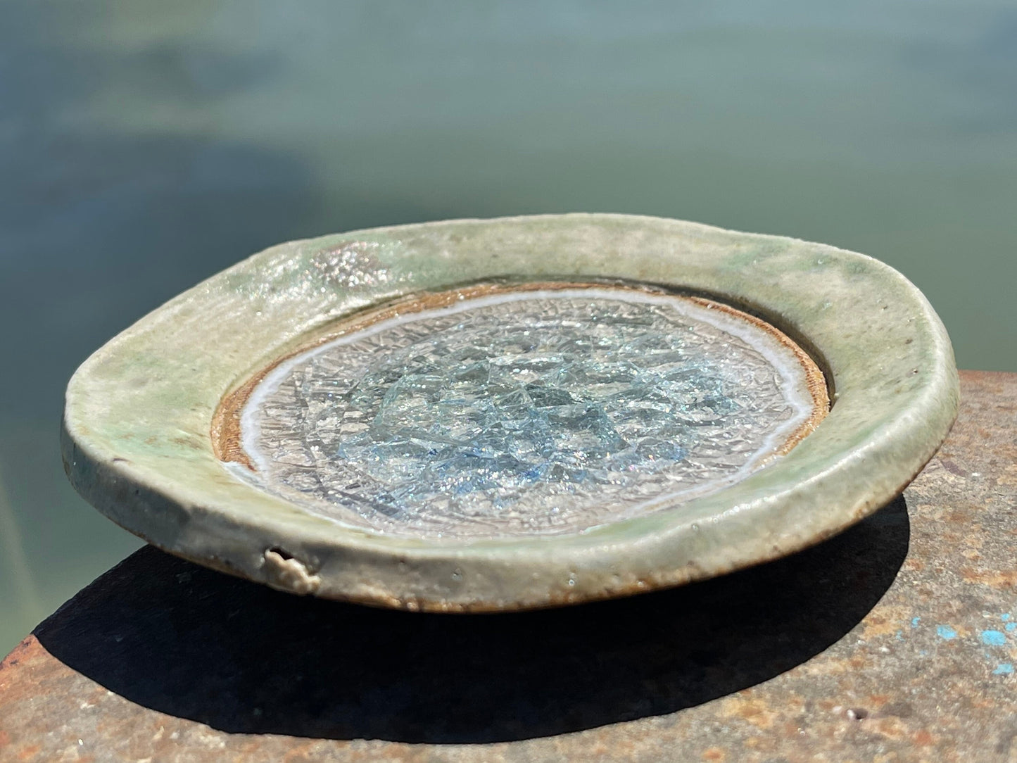 Recycled pottery ring dish made from old crystal glasses and recycled clay. Trinket dishes, jewellery dishes, eco friendly jewellery dish