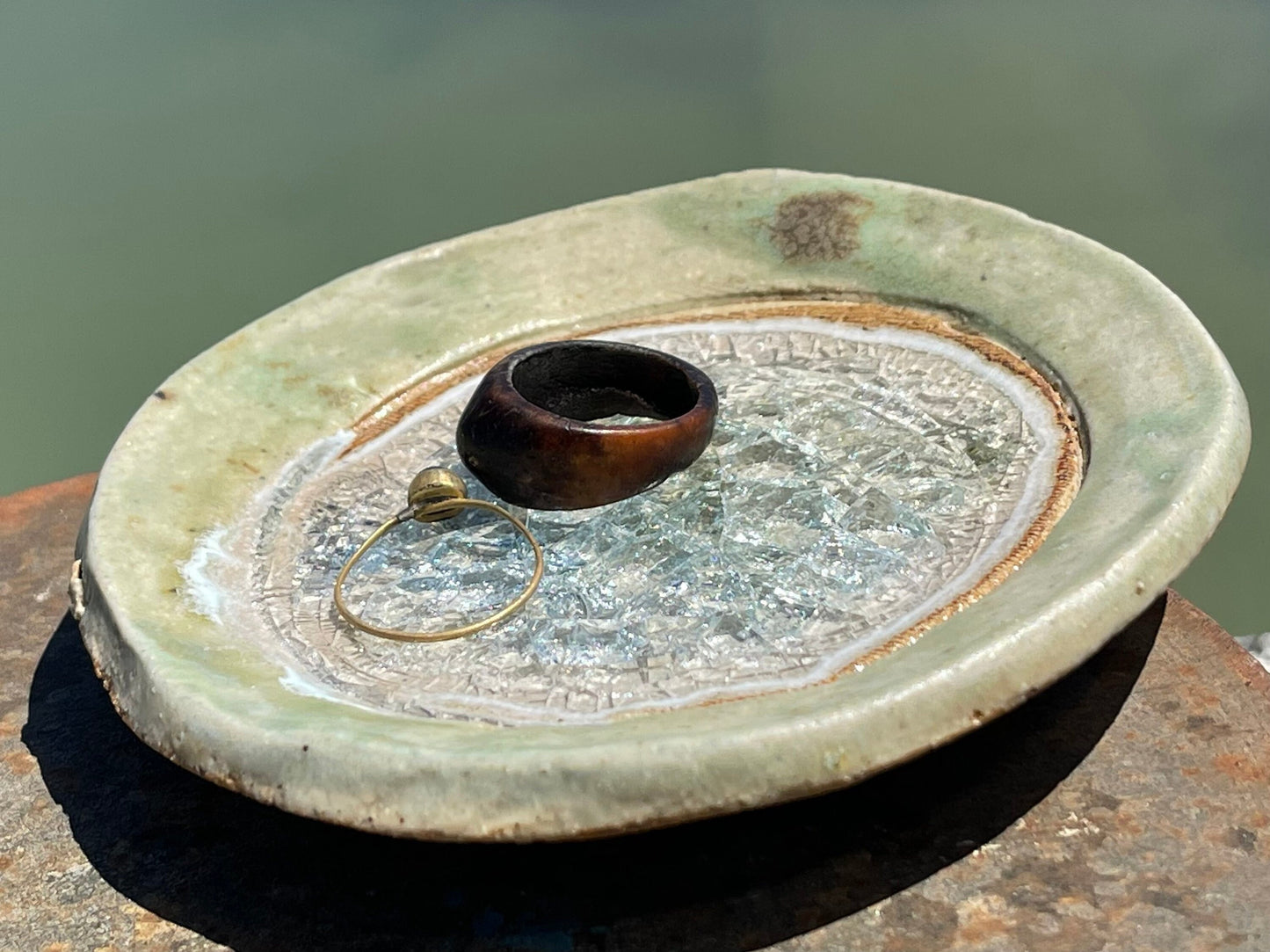 Recycled pottery ring dish made from old crystal glasses and recycled clay. Trinket dishes, jewellery dishes, eco friendly jewellery dish