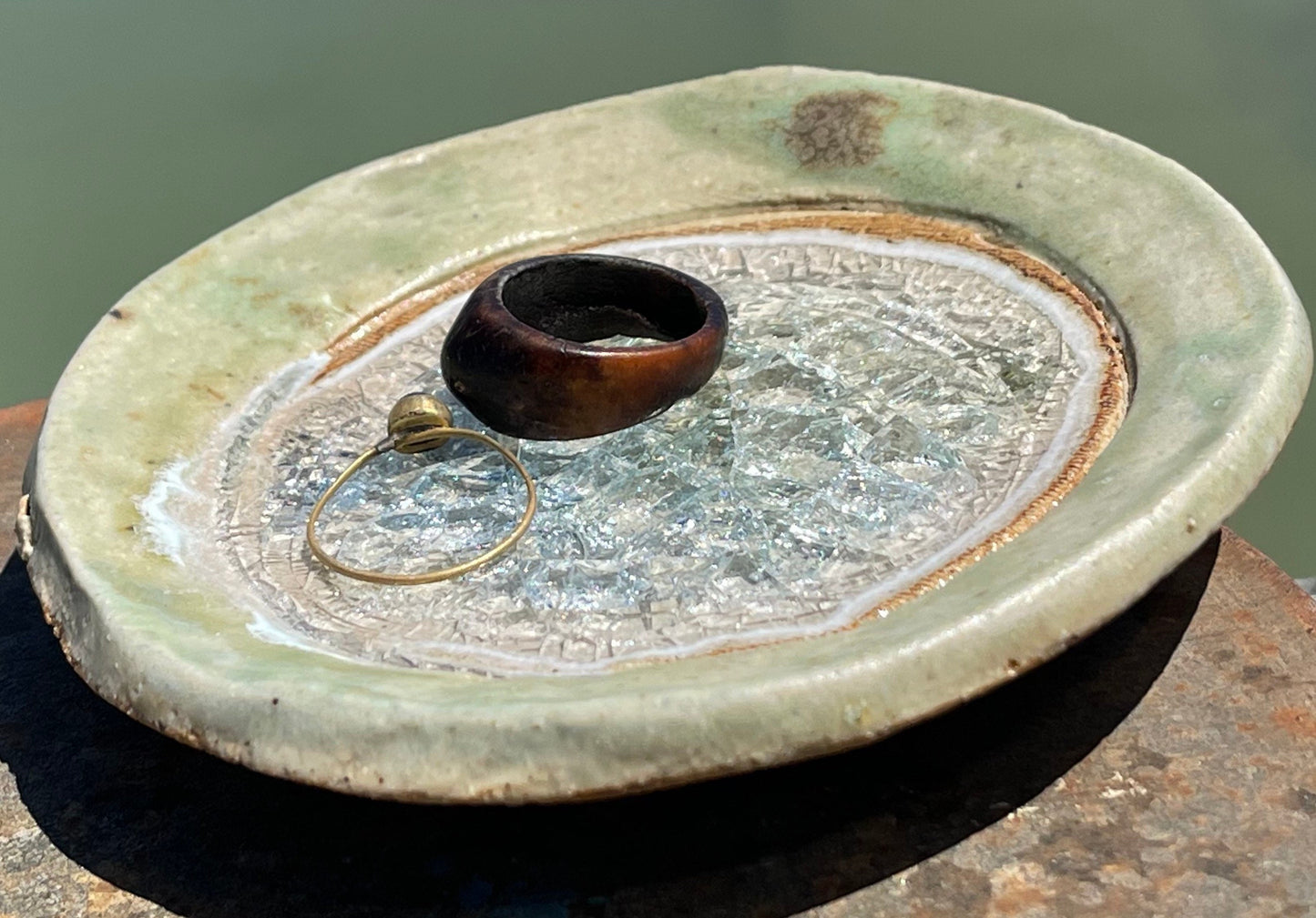 Recycled pottery ring dish made from old crystal glasses and recycled clay. Trinket dishes, jewellery dishes, eco friendly jewellery dish