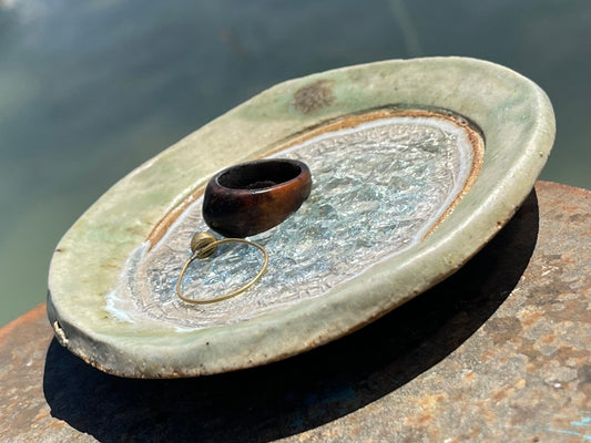 Recycled pottery ring dish made from old crystal glasses and recycled clay. Trinket dishes, jewellery dishes, eco friendly jewellery dish