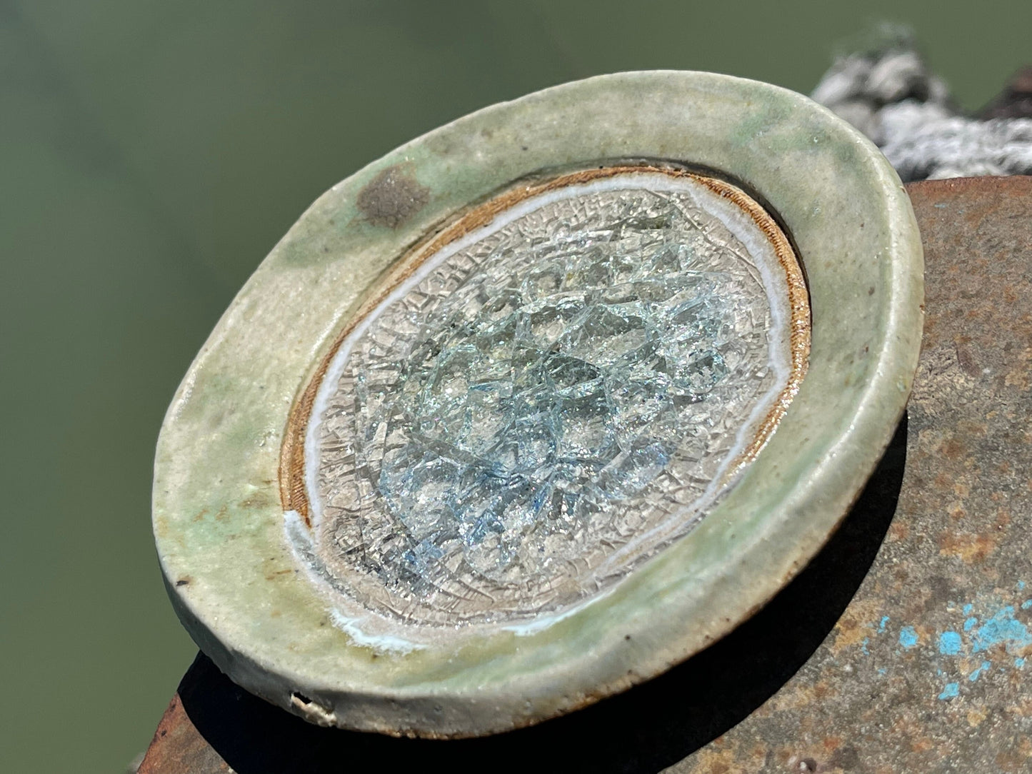 Recycled pottery ring dish made from old crystal glasses and recycled clay. Trinket dishes, jewellery dishes, eco friendly jewellery dish