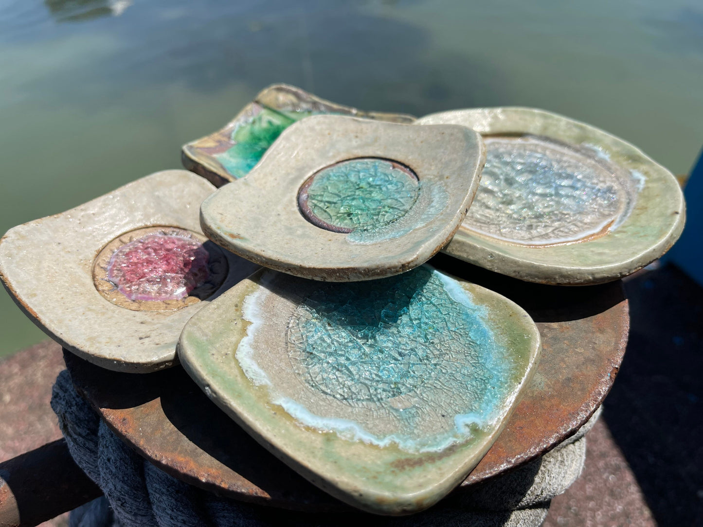 Recycled pottery ring dish made from old crystal glasses and recycled clay. Trinket dishes, jewellery dishes, eco friendly jewellery dish