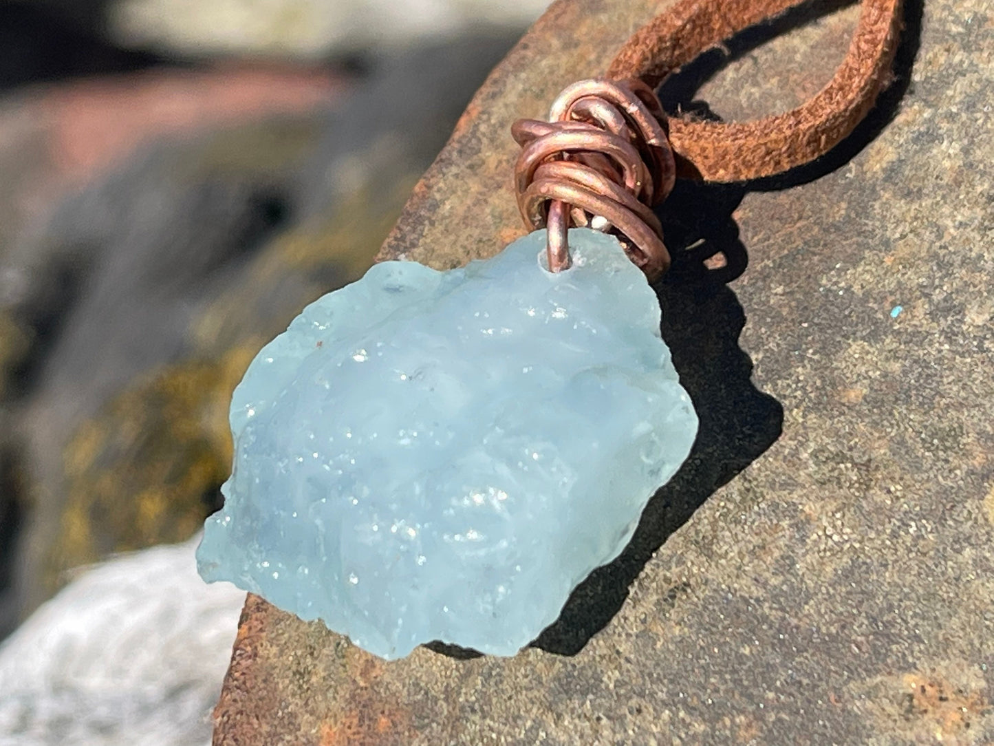 Aquamarine necklace on recycled copper. Handmade necklace, Aquamarine raw Crystal Point Chakra Reiki Healing Necklace. Romantic gift for her