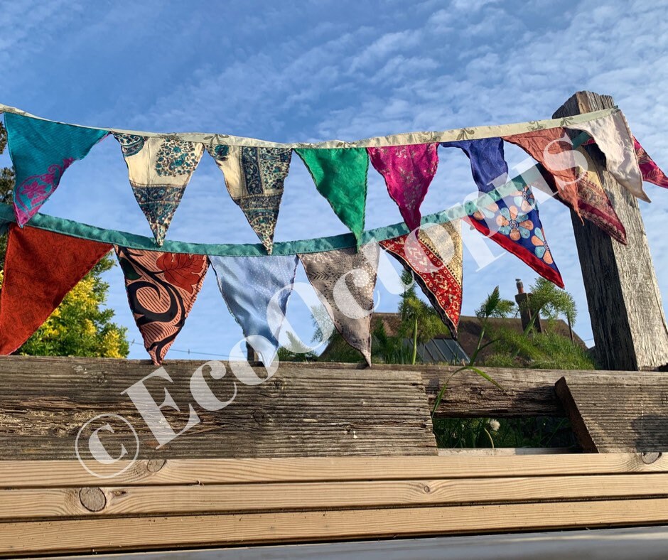 Recycled bunting made from sari off cuts.