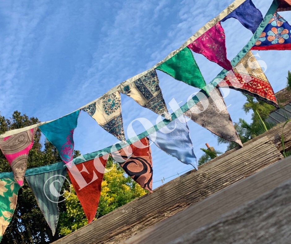 MULTI-COLOURED bunting. Party bunting, wedding bunting, recycled sari bunting.