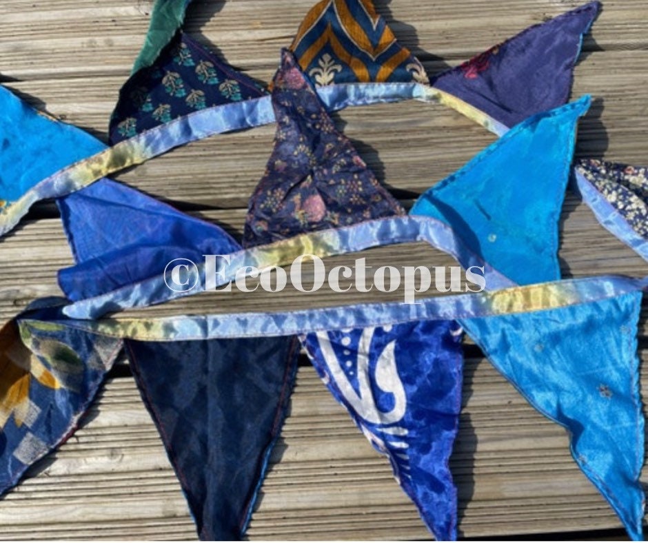 BLUE recycled bunting. Handmade bunting, boys birthday party. Ethical decorations.