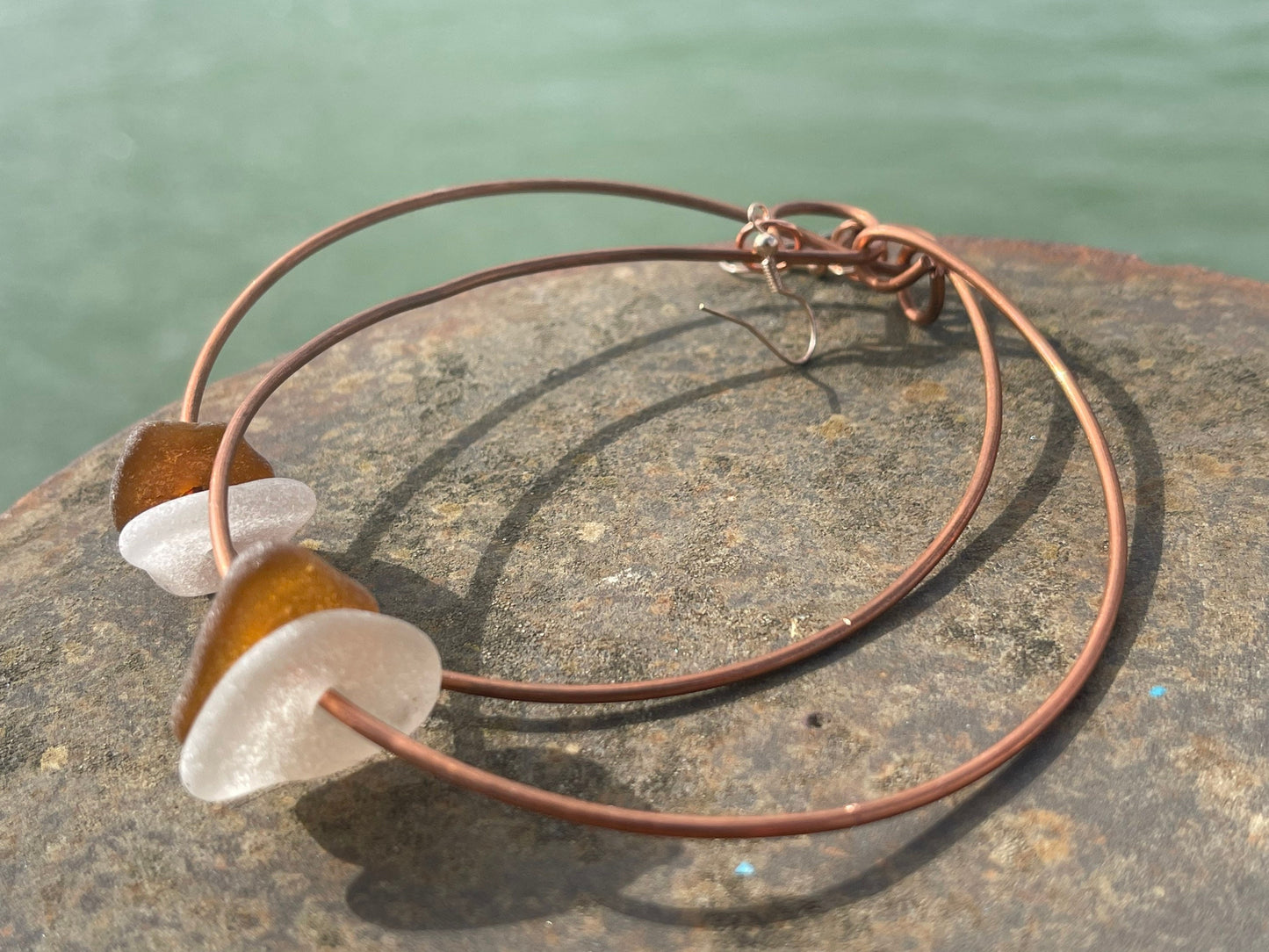 Handmade earrings.  Recycled earrings, sea glass earrings. Handmade gift for her. Romantic gift, ethical jewellery, boho large hoop earrings