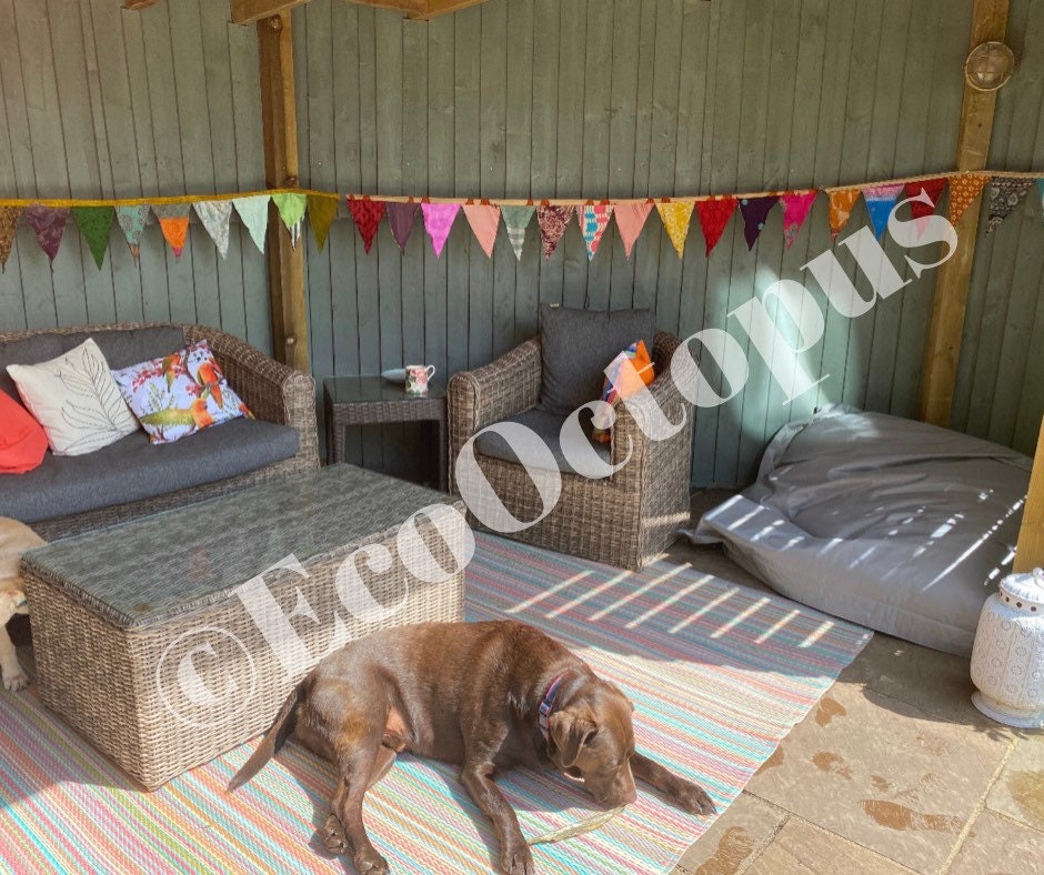 Recycled bunting made from sari off cuts.