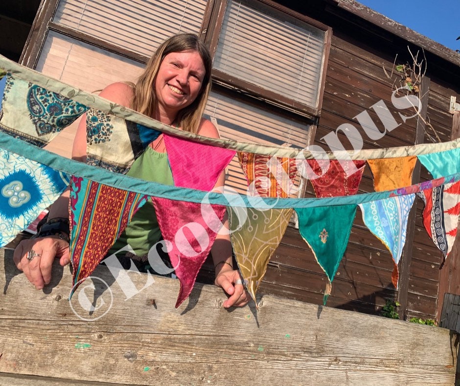 MULTI-COLOURED bunting. Party bunting, wedding bunting, recycled sari bunting.