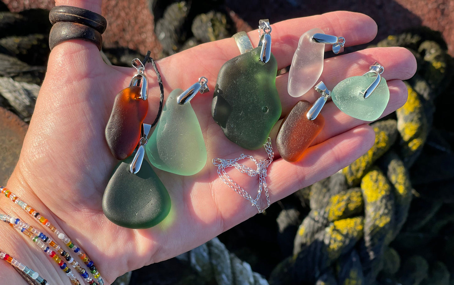 Sea glass necklace. Recycled gift, boho necklace, unusual gift for him, eco friendly gift for man, sea glass pendant, ethical jewellery