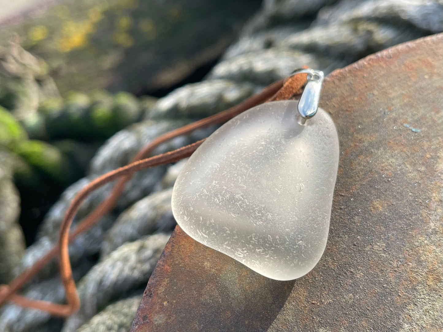 Sea glass necklace. Recycled gift, boho necklace, unusual gift for him, eco friendly gift for man, sea glass pendant, ethical jewellery