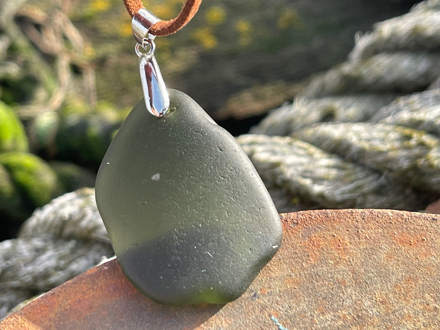 Sea glass necklace. Recycled gift, boho necklace, unusual gift for him, eco friendly gift for man, sea glass pendant, ethical jewellery