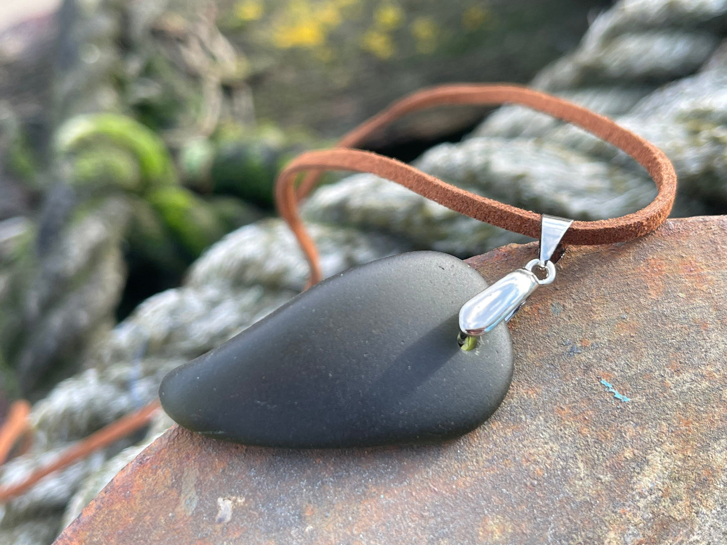 Sea glass necklace. Recycled gift, boho necklace, unusual gift for him, eco friendly gift for man, sea glass pendant, ethical jewellery