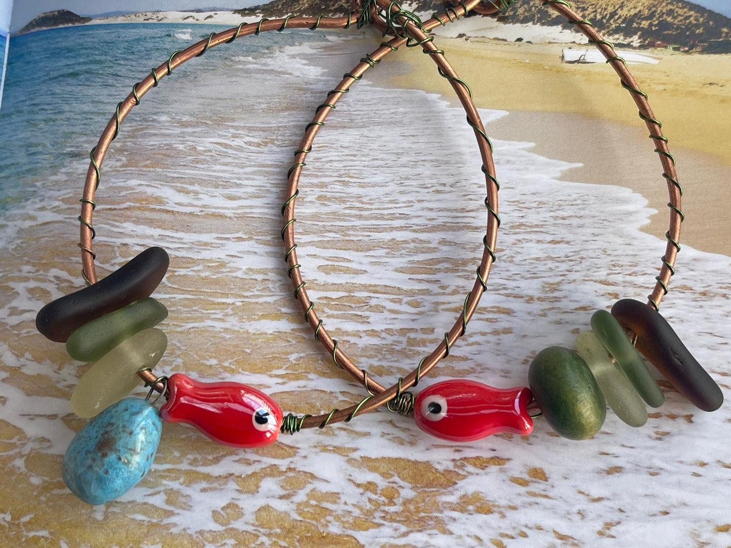 Fabulous fish earrings, unique jewellery, sea glass earrings, eco friendly earrings, recycled earrings, handmade earrings, unique earrings,l