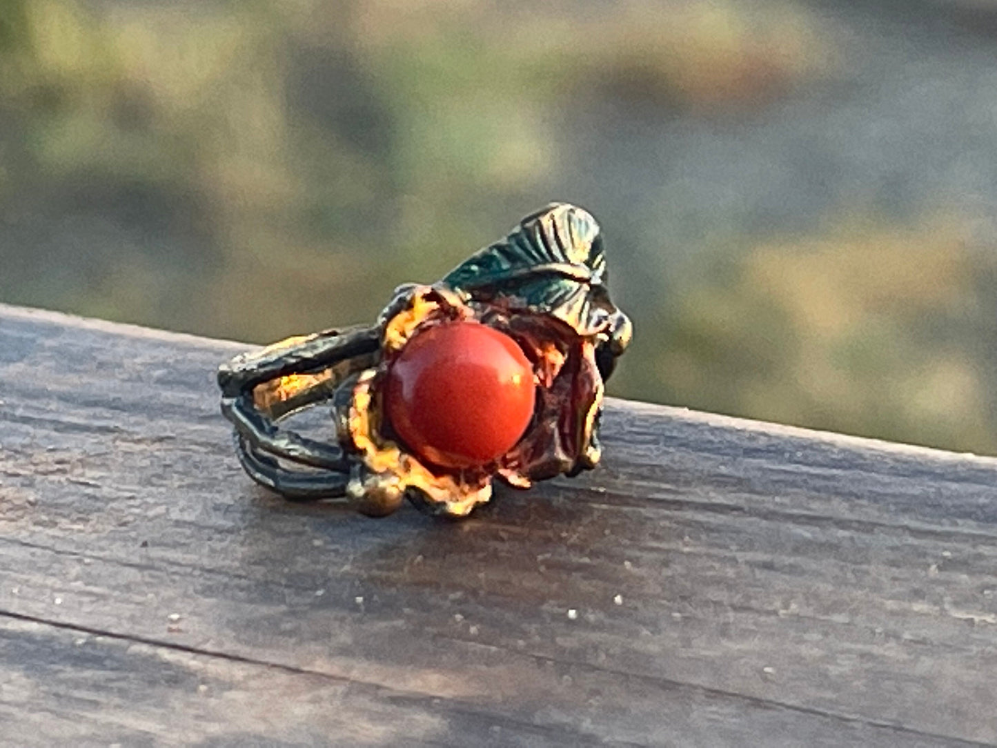 SALE Red jasper ring with painted tree roots, leaves & flowers. Unique ring, unique gift for her. Ethical ring, boho ring, flower ring