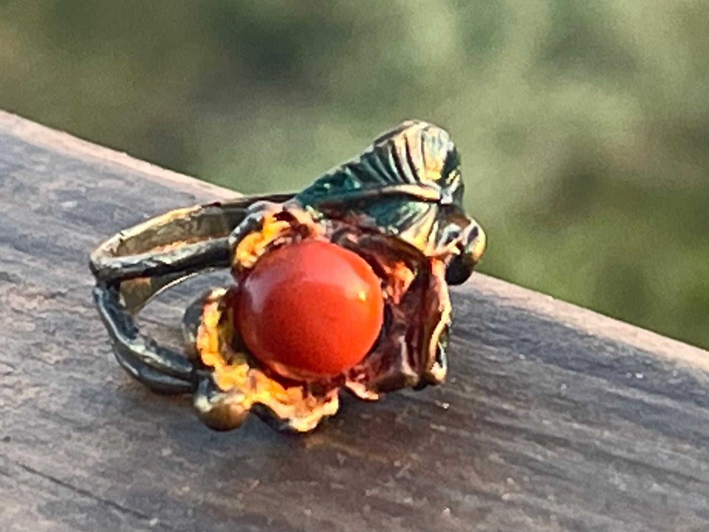 SALE Red jasper ring with painted tree roots, leaves & flowers. Unique ring, unique gift for her. Ethical ring, boho ring, flower ring