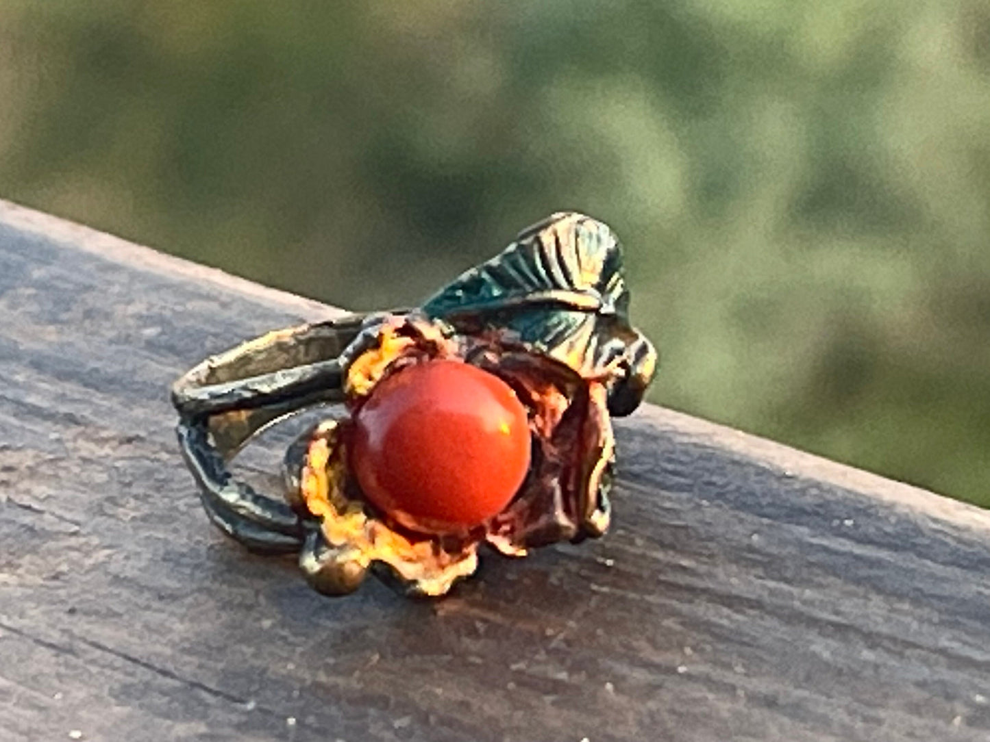 SALE Red jasper ring with painted tree roots, leaves & flowers. Unique ring, unique gift for her. Ethical ring, boho ring, flower ring