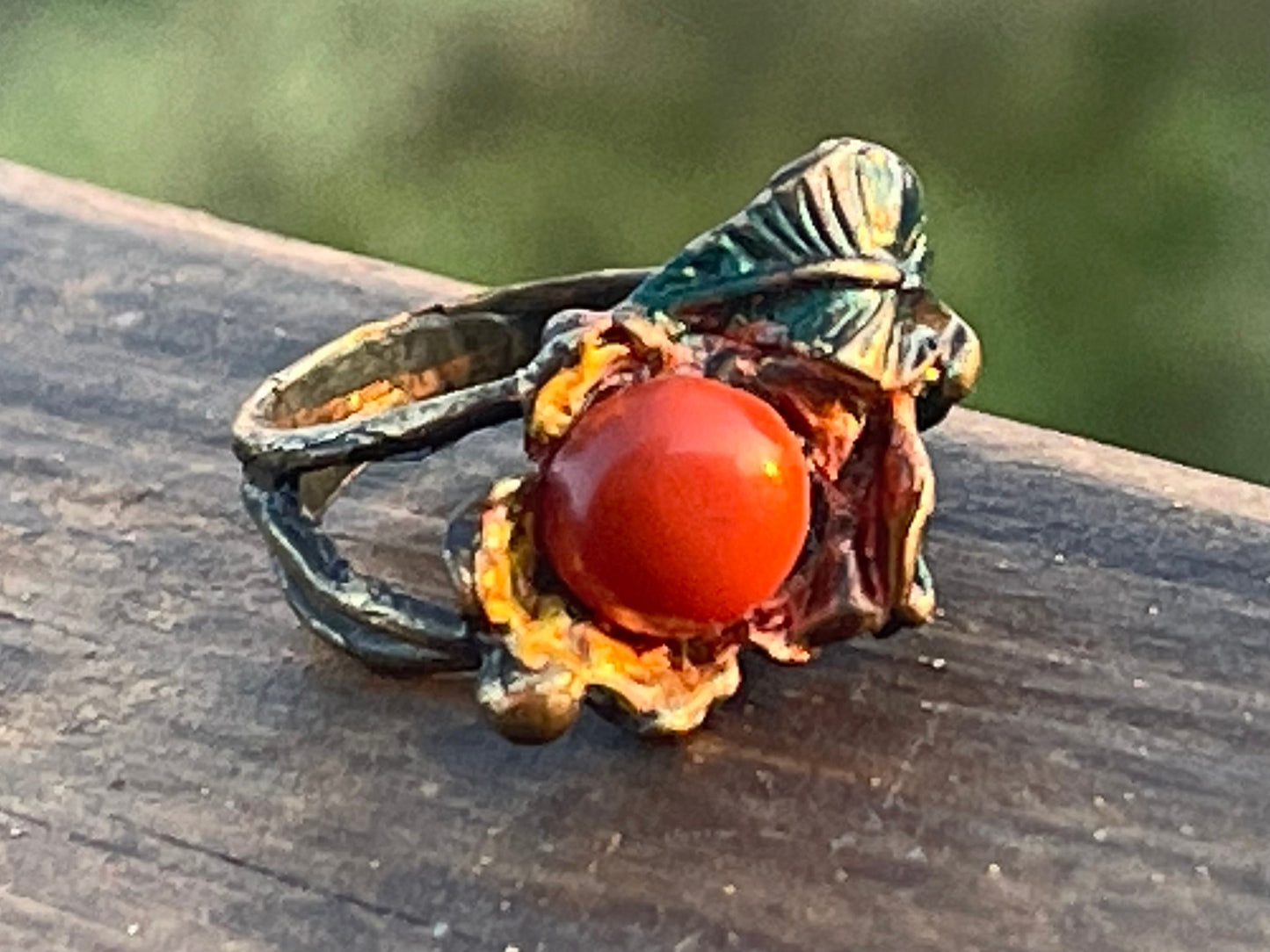 SALE Red jasper ring with painted tree roots, leaves & flowers. Unique ring, unique gift for her. Ethical ring, boho ring, flower ring