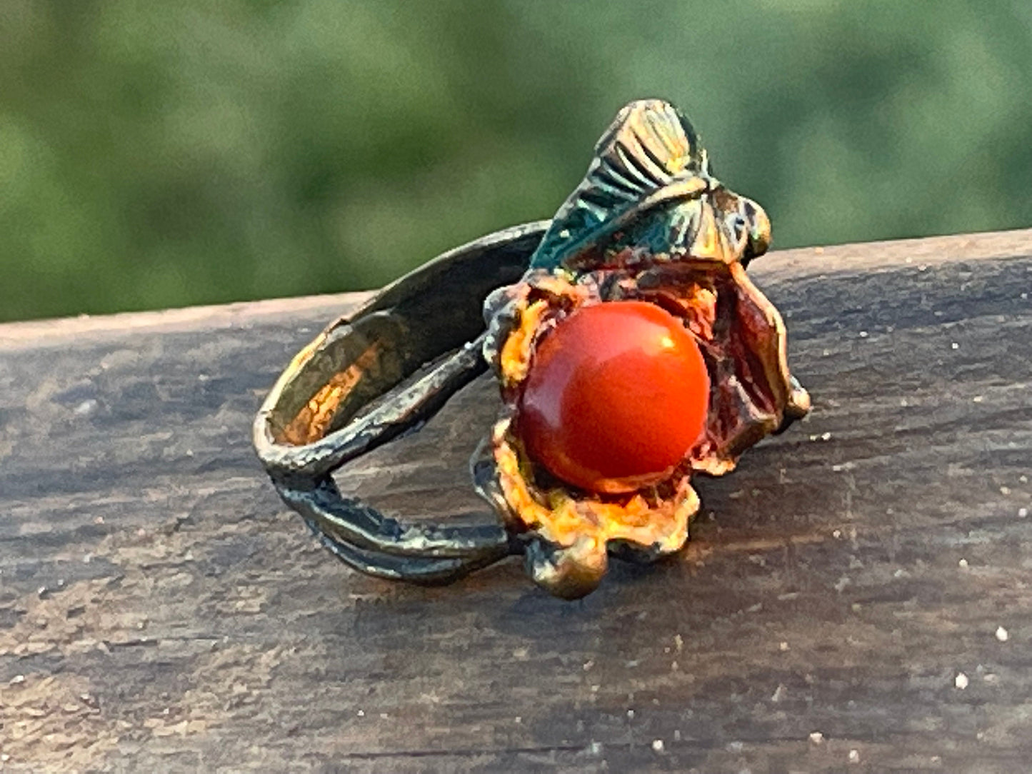 SALE Red jasper ring with painted tree roots, leaves & flowers. Unique ring, unique gift for her. Ethical ring, boho ring, flower ring