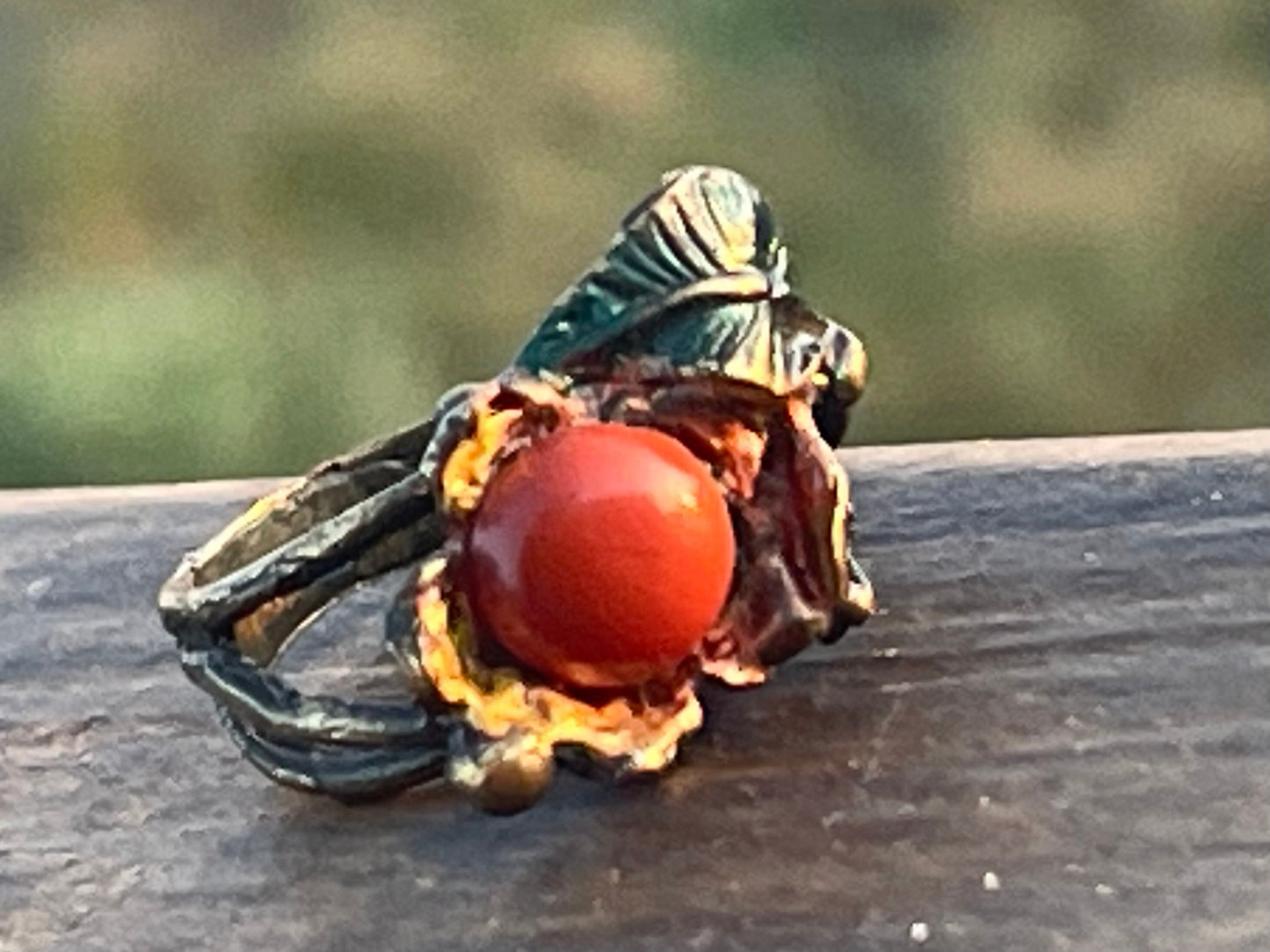 SALE Red jasper ring with painted tree roots, leaves & flowers. Unique ring, unique gift for her. Ethical ring, boho ring, flower ring