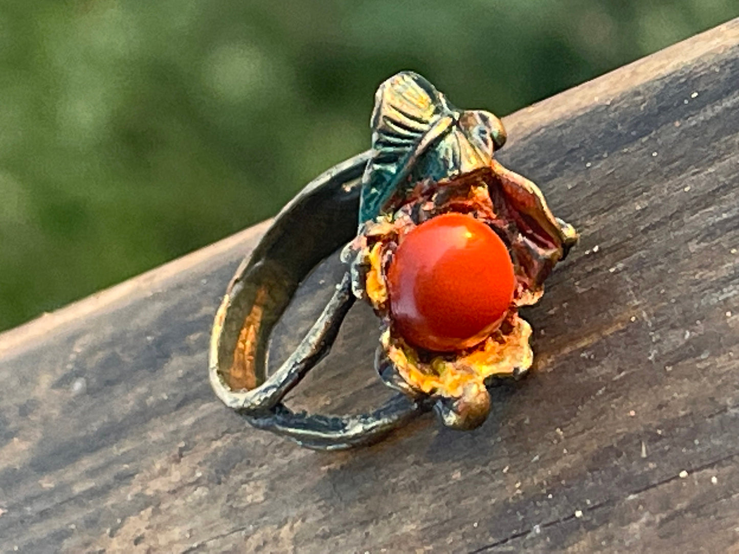 SALE Red jasper ring with painted tree roots, leaves & flowers. Unique ring, unique gift for her. Ethical ring, boho ring, flower ring