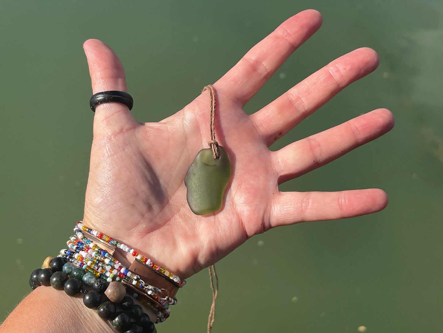 Rustic green sea glass necklace. Recycled necklace, eco friendly necklace. Surf necklace, hippy necklace. Gift for him, Sea glass pendant