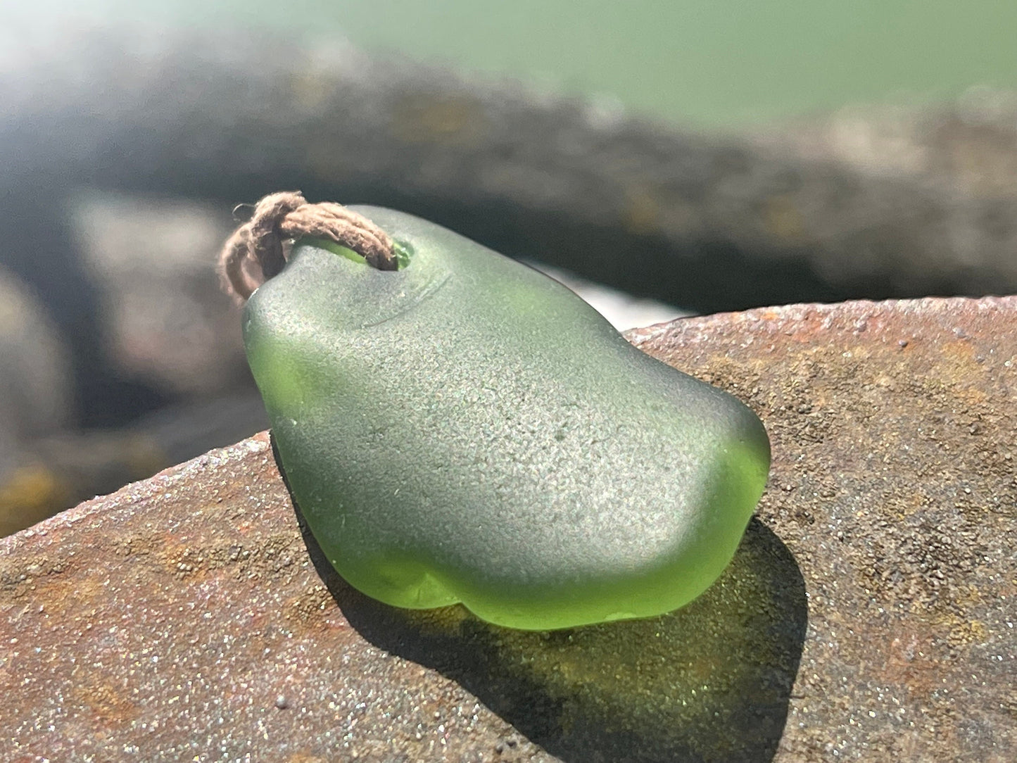 Rustic green sea glass necklace. Recycled necklace, eco friendly necklace. Surf necklace, hippy necklace. Gift for him, Sea glass pendant