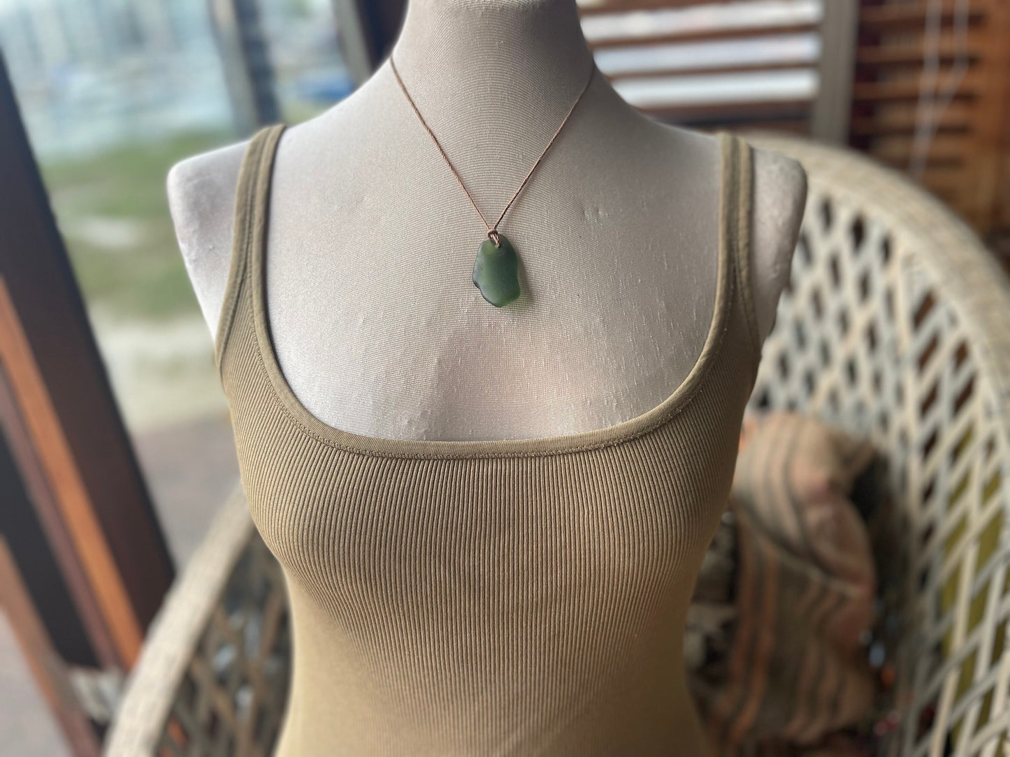 Rustic green sea glass necklace. Recycled necklace, eco friendly necklace. Surf necklace, hippy necklace. Gift for him, Sea glass pendant