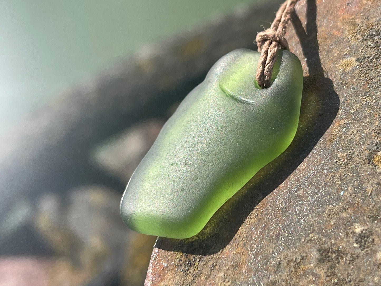 Rustic green sea glass necklace. Recycled necklace, eco friendly necklace. Surf necklace, hippy necklace. Gift for him, Sea glass pendant