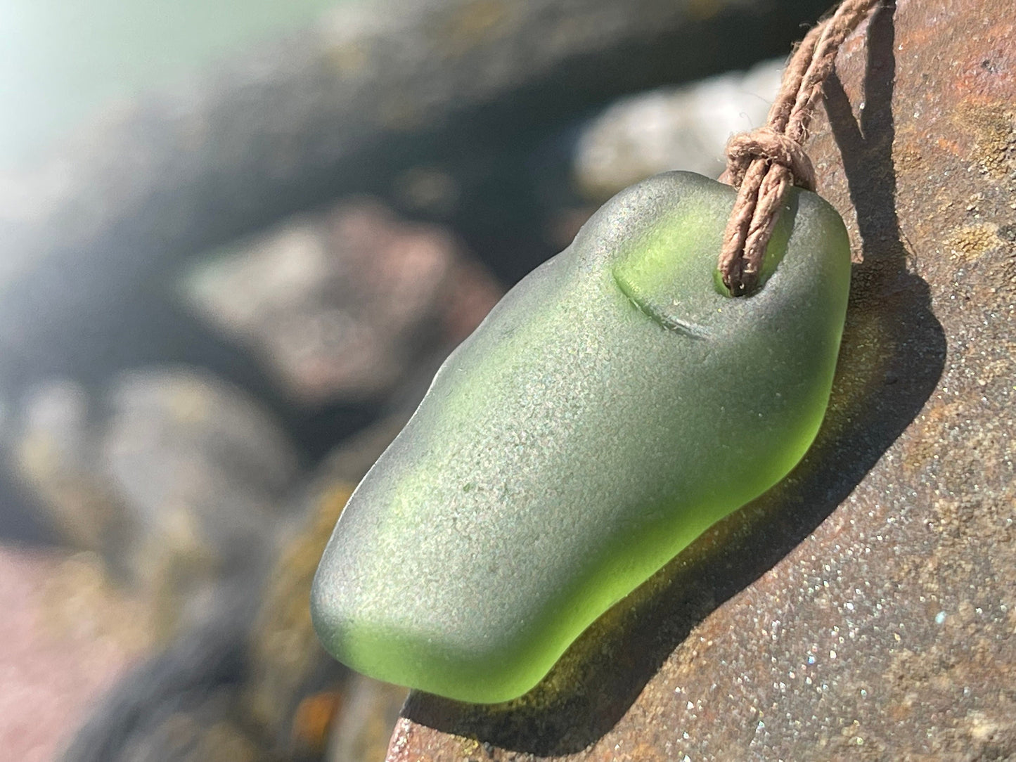 Rustic green sea glass necklace. Recycled necklace, eco friendly necklace. Surf necklace, hippy necklace. Gift for him, Sea glass pendant