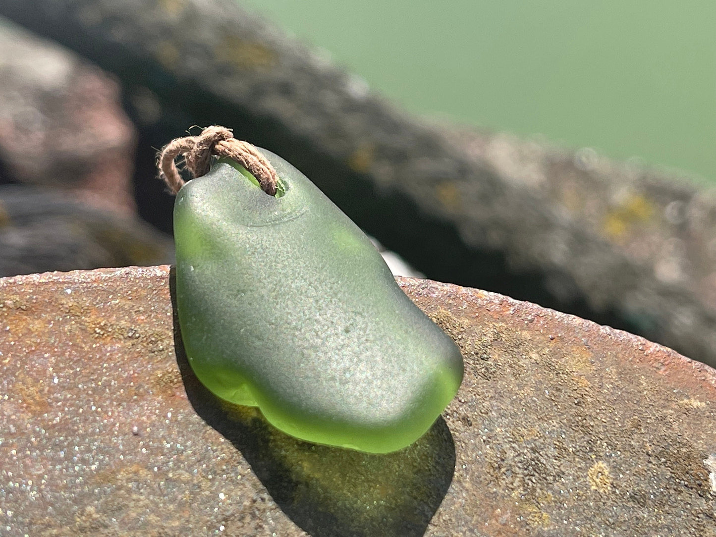 Rustic green sea glass necklace. Recycled necklace, eco friendly necklace. Surf necklace, hippy necklace. Gift for him, Sea glass pendant