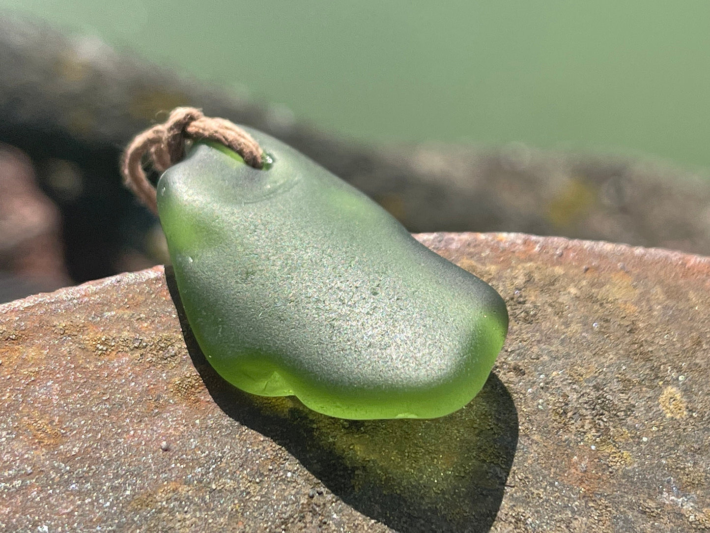 Rustic green sea glass necklace. Recycled necklace, eco friendly necklace. Surf necklace, hippy necklace. Gift for him, Sea glass pendant