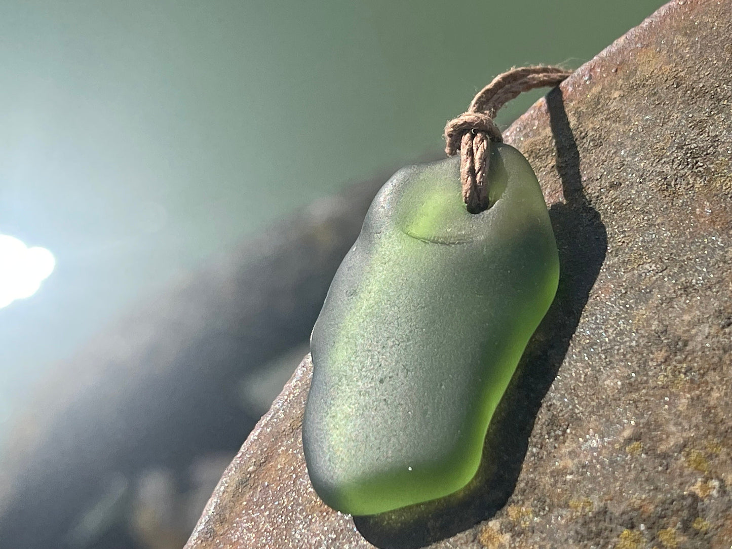 Rustic green sea glass necklace. Recycled necklace, eco friendly necklace. Surf necklace, hippy necklace. Gift for him, Sea glass pendant