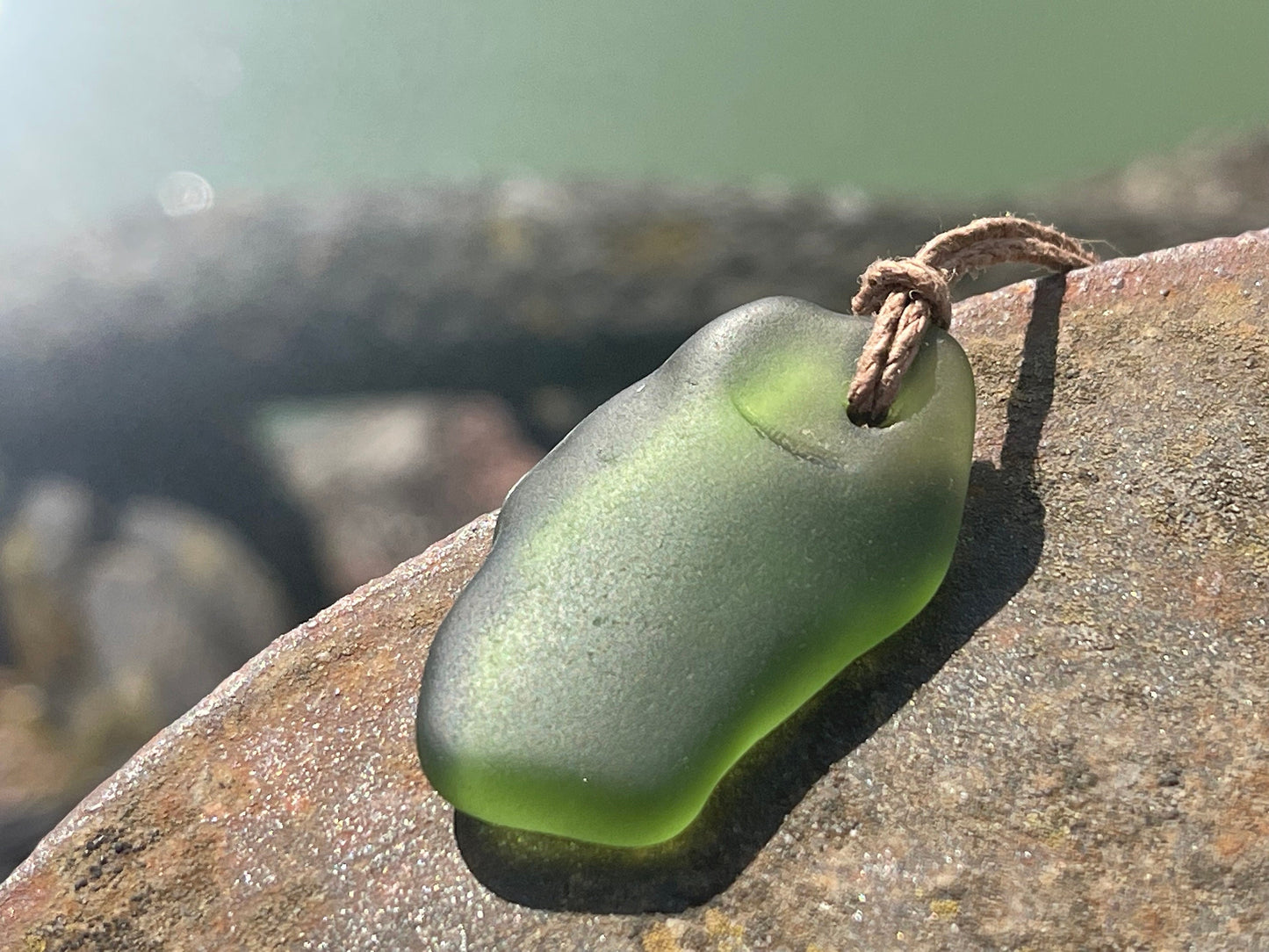 Rustic green sea glass necklace. Recycled necklace, eco friendly necklace. Surf necklace, hippy necklace. Gift for him, Sea glass pendant