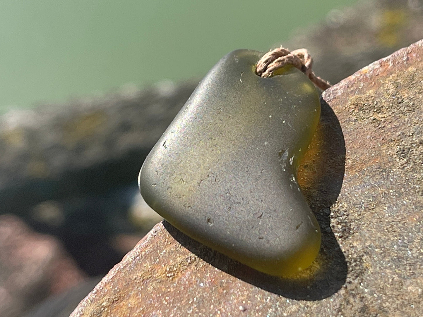 Rustic green sea glass necklace. Recycled necklace, eco friendly necklace. Surf necklace, hippy necklace. Gift for him, Sea glass pendant