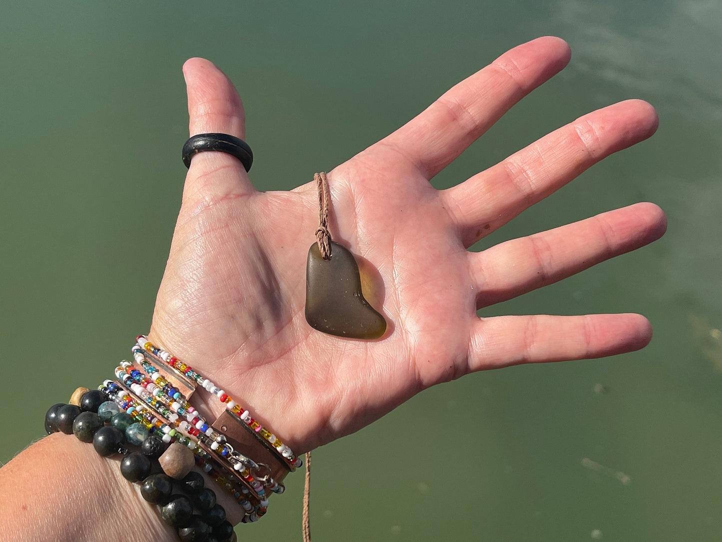 Rustic green sea glass necklace. Recycled necklace, eco friendly necklace. Surf necklace, hippy necklace. Gift for him, Sea glass pendant