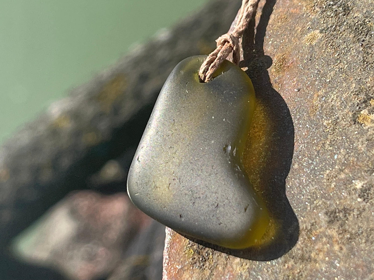 Rustic green sea glass necklace. Recycled necklace, eco friendly necklace. Surf necklace, hippy necklace. Gift for him, Sea glass pendant