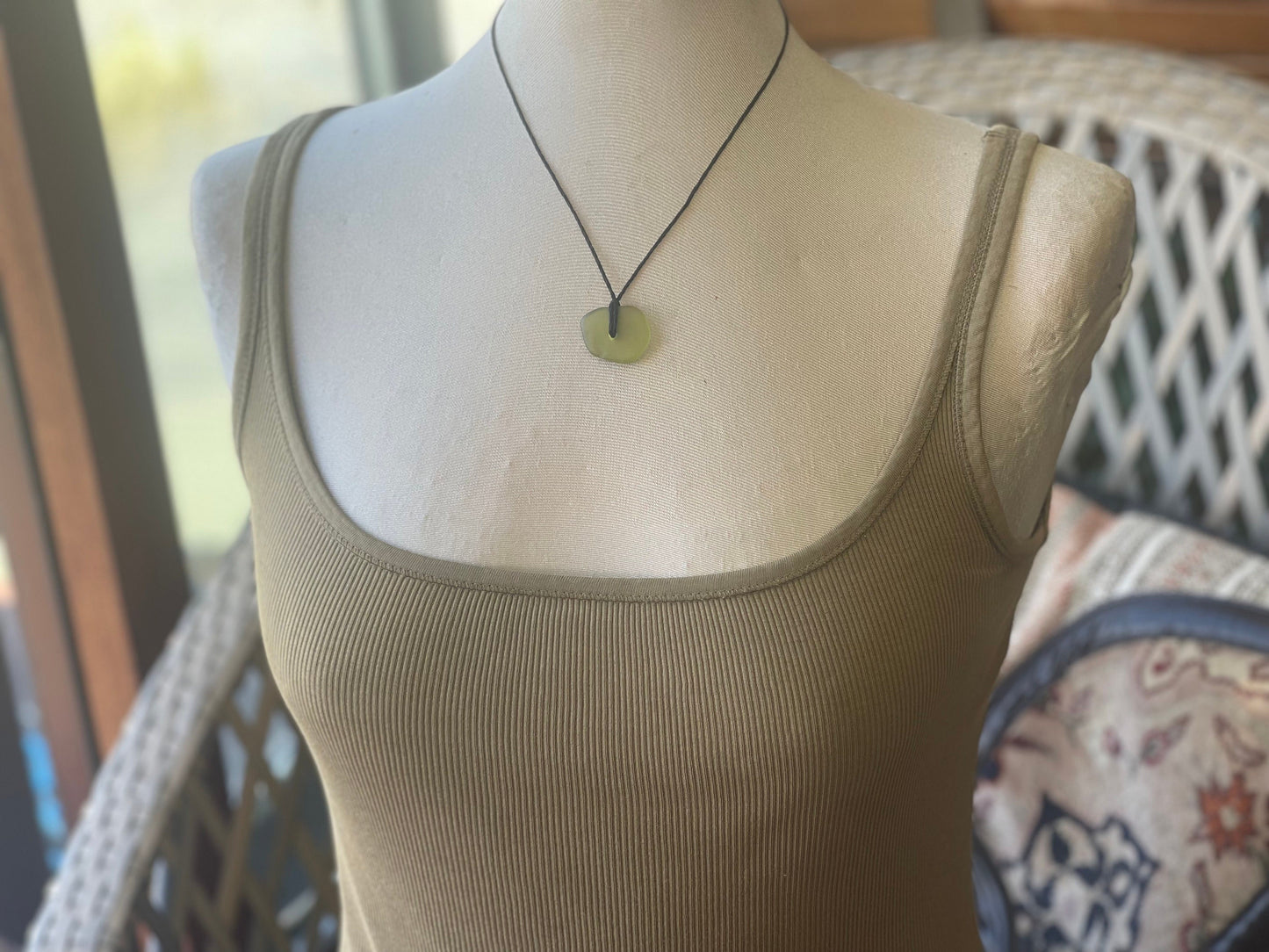 Green sea glass necklace. Recycled necklace, gift for him. Ethical jewellery. Sea glass pendant. Eco friendly necklace, boho surf jewellery