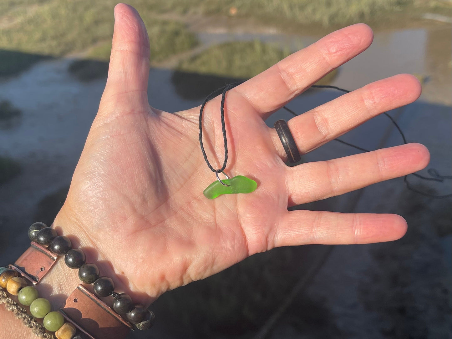 Green sea glass necklace. Recycled necklace, gift for him. Ethical jewellery. Sea glass pendant. Eco friendly necklace, boho surf jewellery