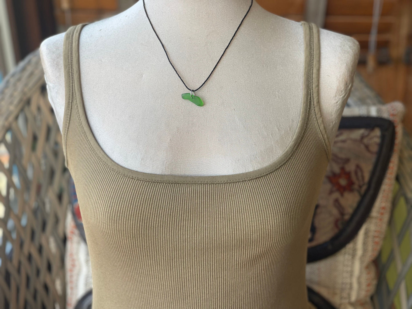 Green sea glass necklace. Recycled necklace, gift for him. Ethical jewellery. Sea glass pendant. Eco friendly necklace, boho surf jewellery