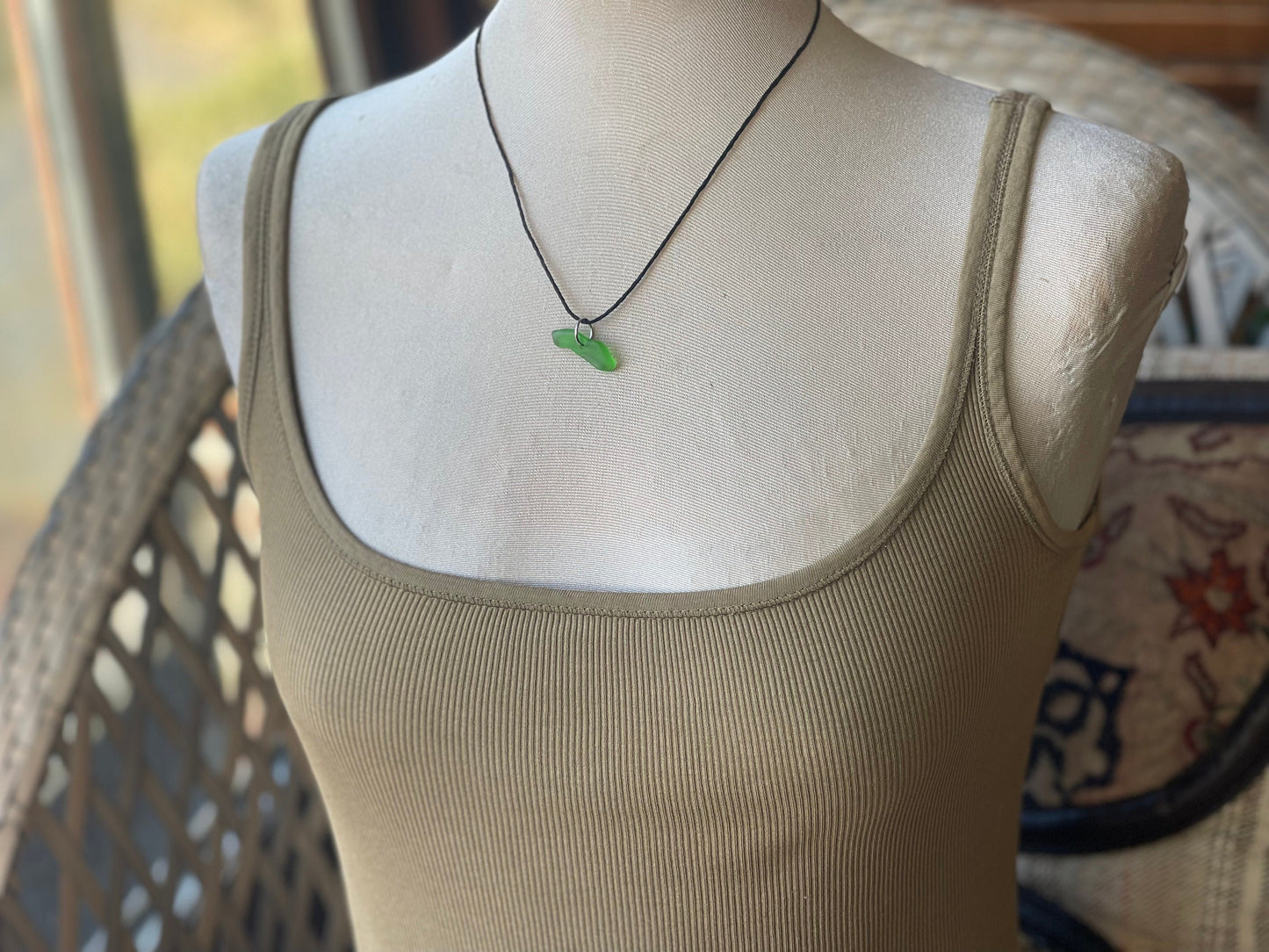 Green sea glass necklace. Recycled necklace, gift for him. Ethical jewellery. Sea glass pendant. Eco friendly necklace, boho surf jewellery