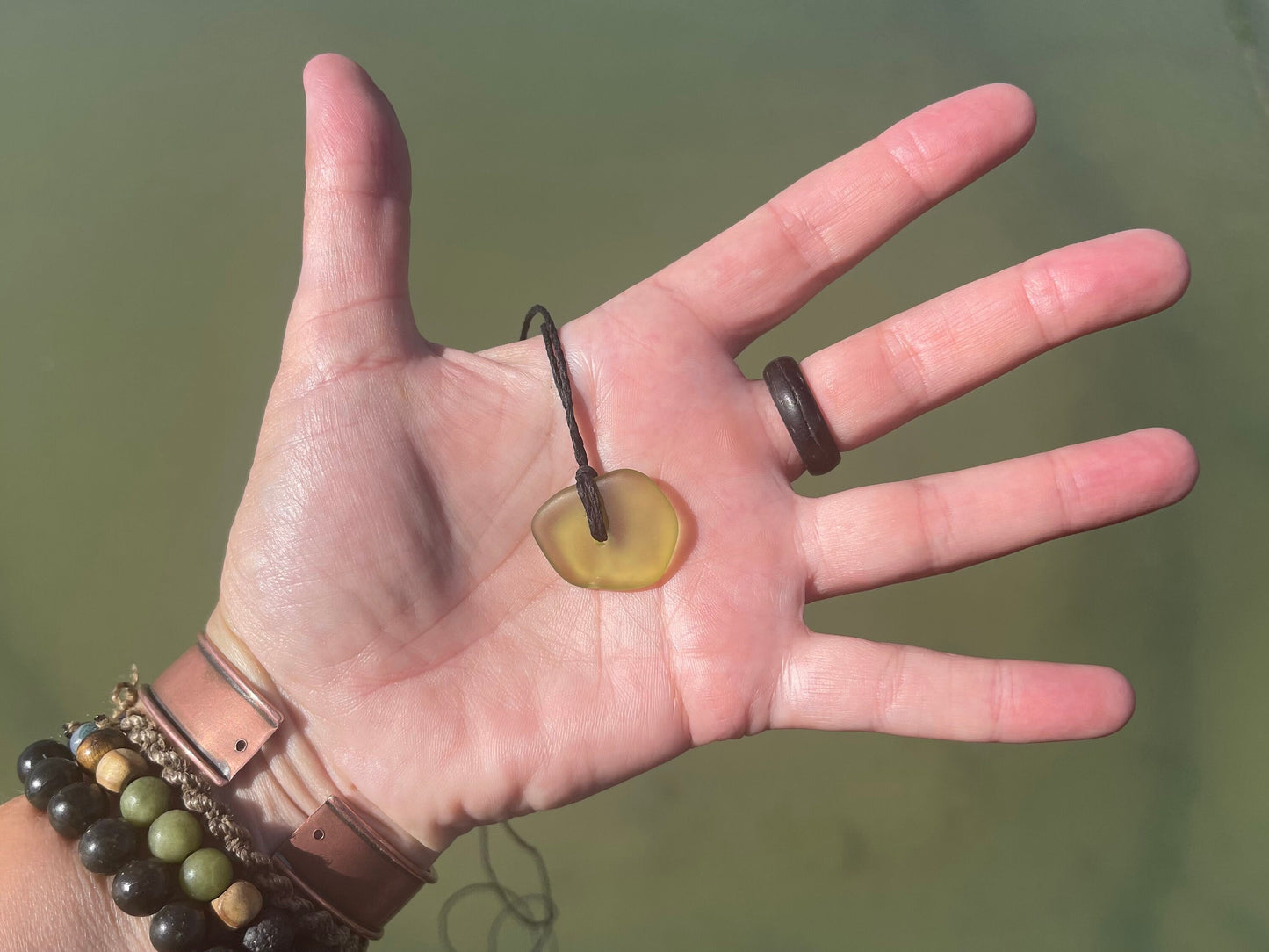 Green sea glass necklace. Recycled necklace, gift for him. Ethical jewellery. Sea glass pendant. Eco friendly necklace, boho surf jewellery