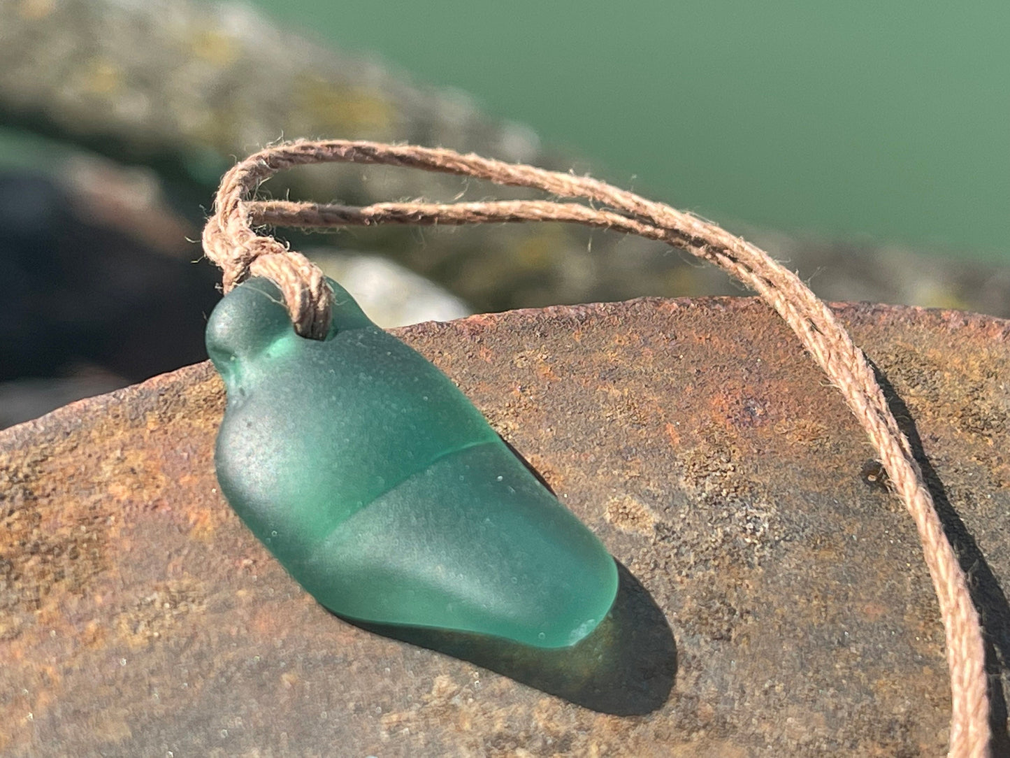 Green sea glass necklace. Recycled necklace, gift for him. Ethical jewellery. Sea glass pendant. Eco friendly necklace, boho surf jewellery