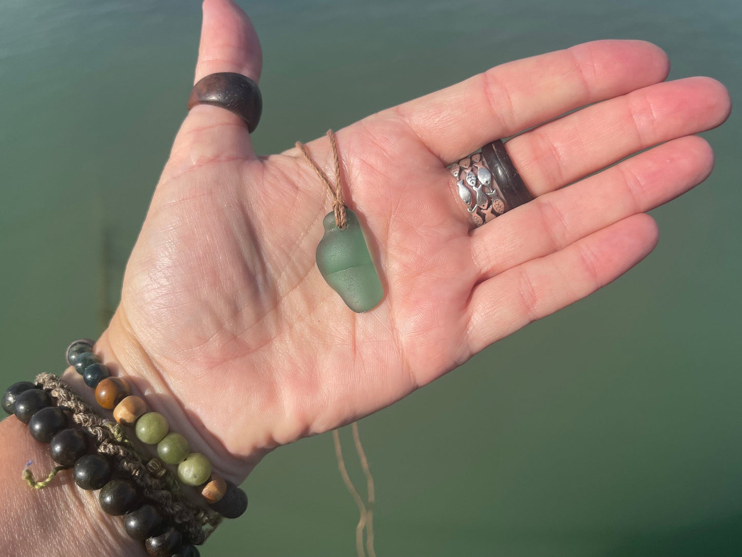 Green sea glass necklace. Recycled necklace, gift for him. Ethical jewellery. Sea glass pendant. Eco friendly necklace, boho surf jewellery