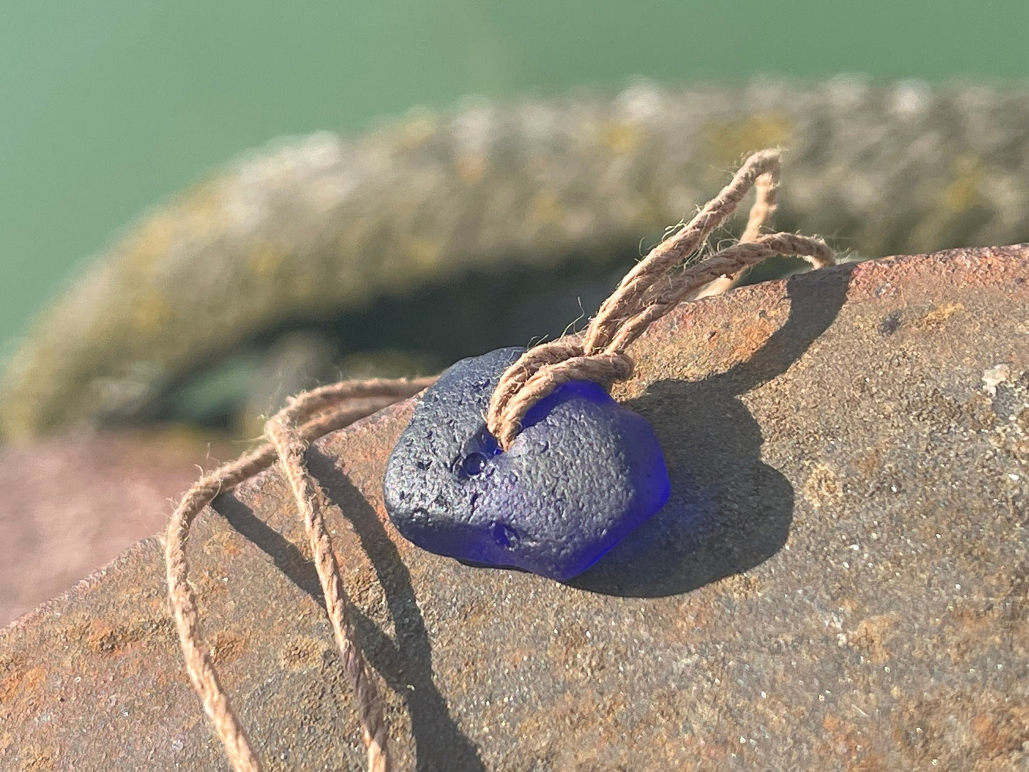 Blue sea glass necklace. Recycled necklace, gift for him. Ethical jewellery. Sea glass pendant. Eco friendly necklace, boho surf jewellery