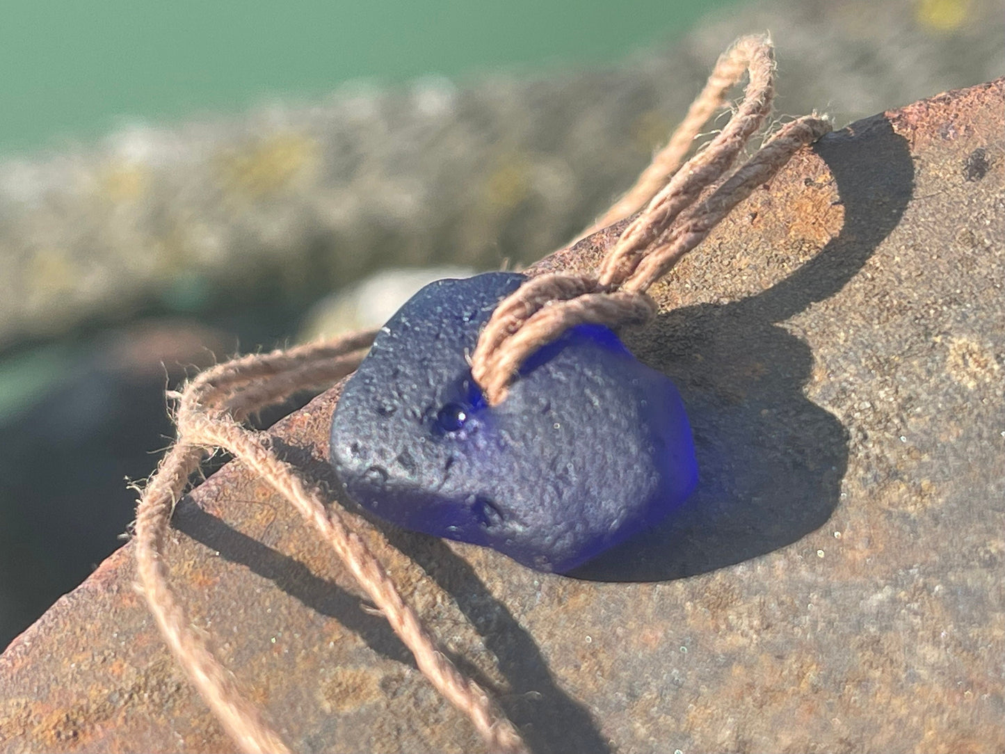 Blue sea glass necklace. Recycled necklace, gift for him. Ethical jewellery. Sea glass pendant. Eco friendly necklace, boho surf jewellery