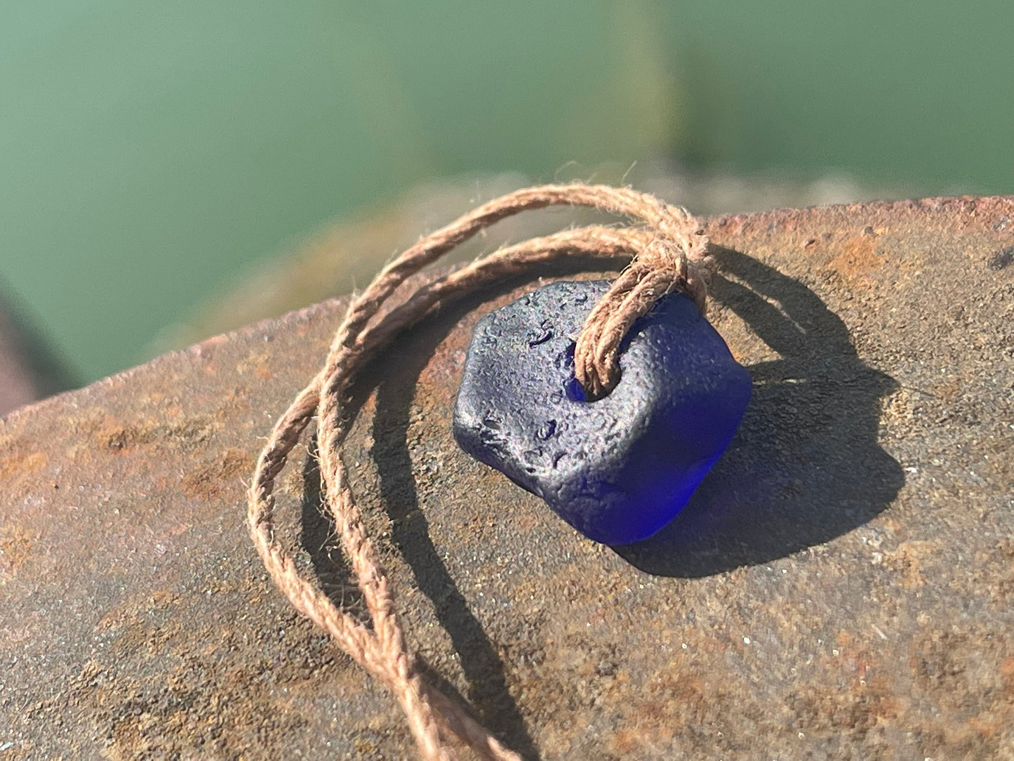 Blue sea glass necklace. Recycled necklace, gift for him. Ethical jewellery. Sea glass pendant. Eco friendly necklace, boho surf jewellery