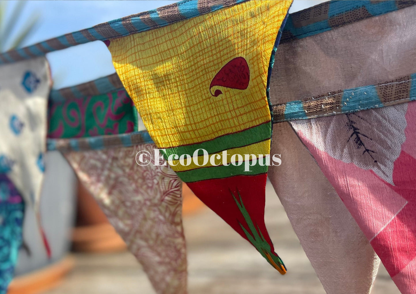 Handmade Fair Trade Recycled Festival Garland, Eco-Friendly Sari Flag Decoration