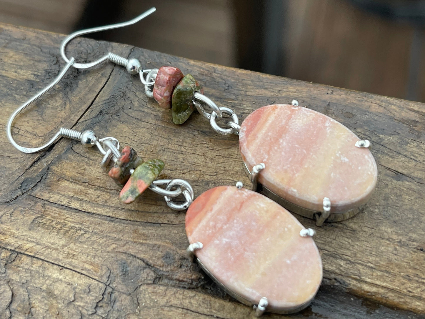 Mookaite earrings, pink gemstone earrings. Recycled sterling silver earrings, pink boho earrings, handmade earrings, ethical jewellery.