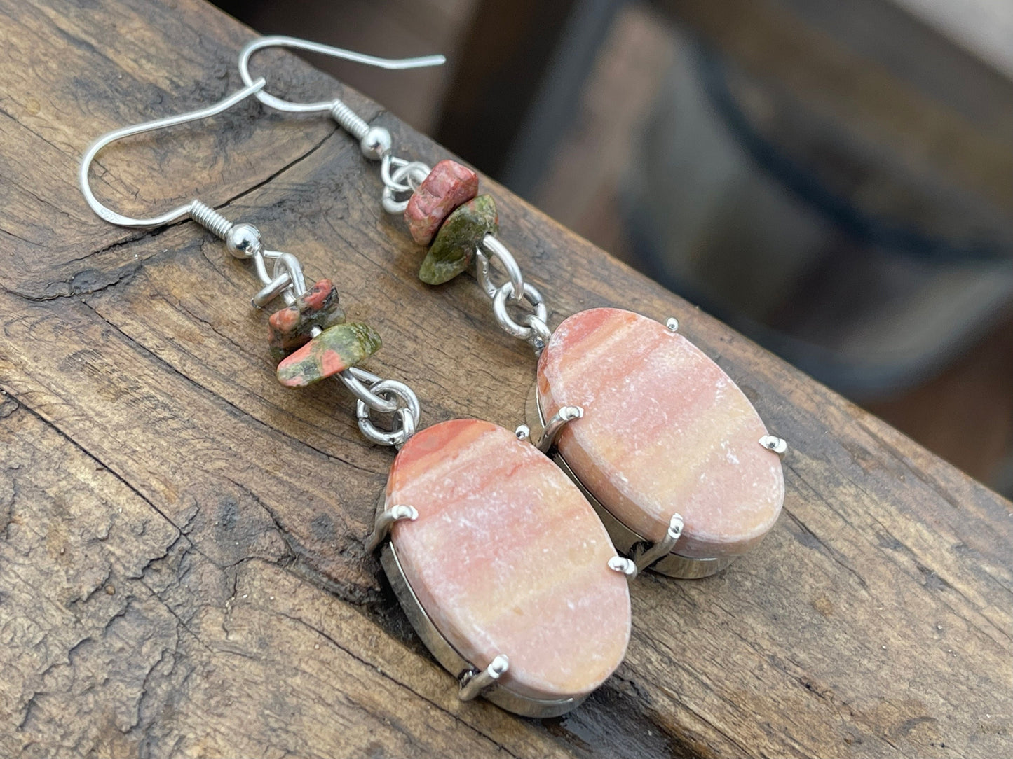 Mookaite earrings, pink gemstone earrings. Recycled sterling silver earrings, pink boho earrings, handmade earrings, ethical jewellery.